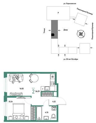 Планировка 2-комн. квартира, 36.29 м² ЖК «Сердце Сибири»