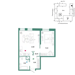 Планировка 2-комн. квартира, 46.72 м² ЖК «Юнион»