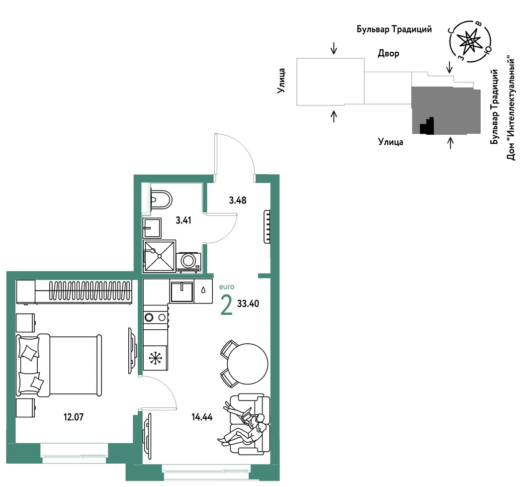Планировка 2-комн. квартира, 33.4 м² ЖК «Микрорайон Домашний»