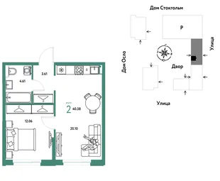 Планировка 2-комн. квартира, 40.38 м² ЖК «Европейский берег 2.0»
