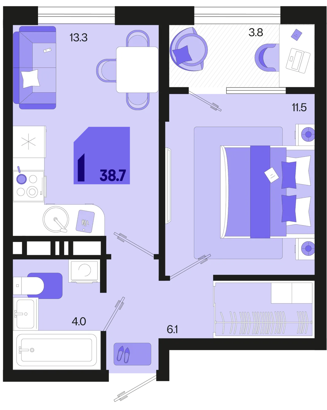 Планировка 1-комн. квартира, 38.7 м² ЖК «Первое место»