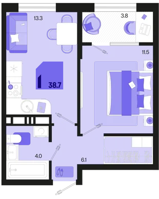 Планировка 1-комн. квартира, 38.7 м² ЖК «Первое место»