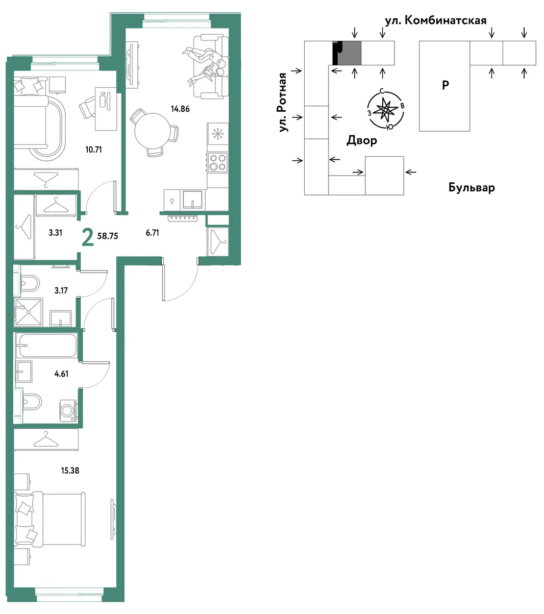Планировка 2-комн. квартира, 58.07 м² ЖК «Уральский сад»