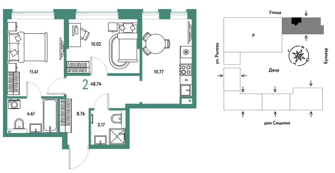 Планировка 2-комн. квартира, 48.74 м² ЖК «Остров-сад»