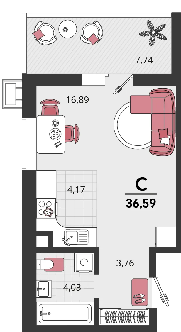 Планировка 1-комн. квартира, 36.59 м² ЖК «Родные просторы»