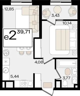 Планировка 2-комн. квартира, 39.71 м² ЖК «Патрики»