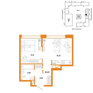 Планировка 1-комн. квартира, 33.69 м² ЖК «Юнион»