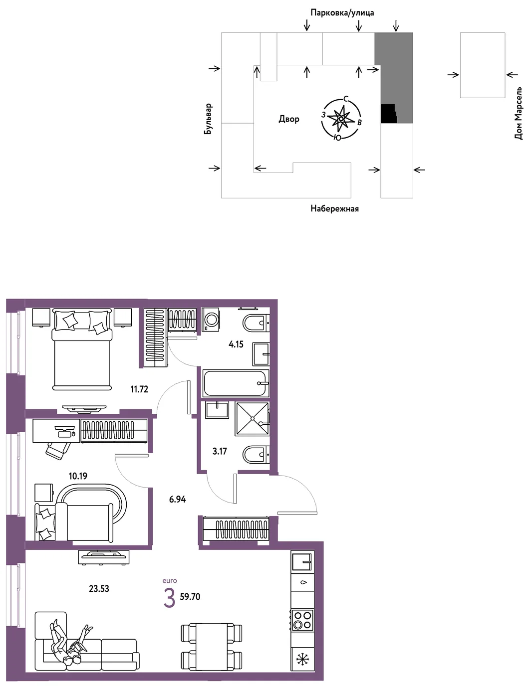 Планировка 3-комн. квартира, 59.7 м² ЖК «Европейский берег 2.0»