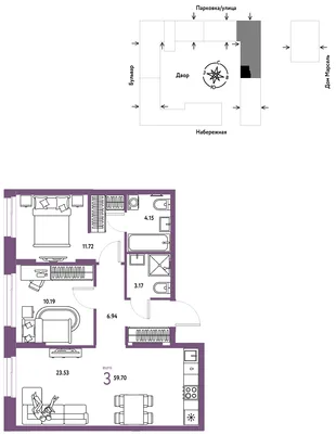 Планировка 3-комн. квартира, 59.7 м² ЖК «Европейский берег 2.0»