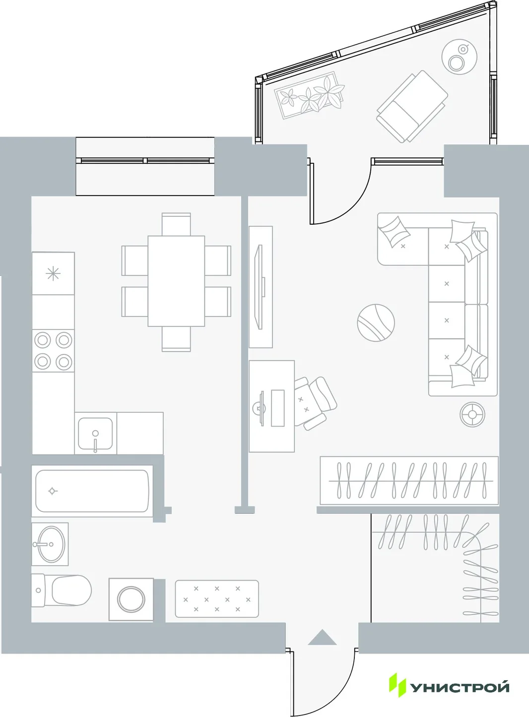 Планировка 1-комн. квартира, 39.54 м² ЖК «Причал»