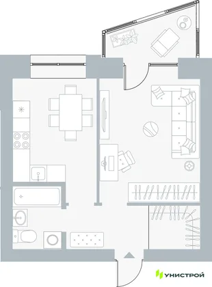 Планировка 1-комн. квартира, 39.54 м² ЖК «Причал»