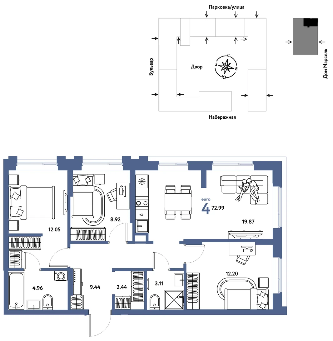 Планировка 4-комн. квартира, 72.99 м² ЖК «Европейский берег 2.0»