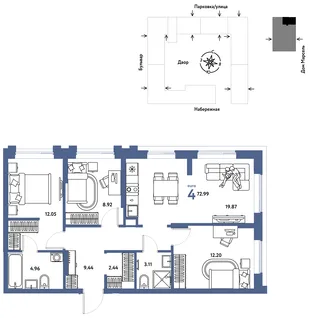 Планировка 4-комн. квартира, 72.99 м² ЖК «Европейский берег 2.0»