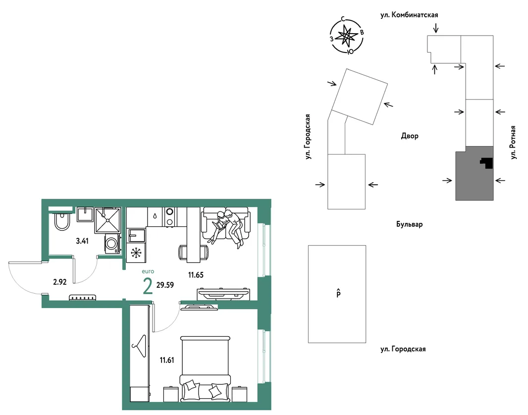 Планировка 2-комн. квартира, 29.59 м² ЖК «Уральский сад»