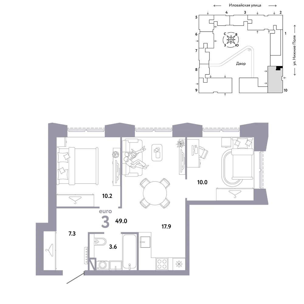 Планировка 3-комн. квартира, 49 м² ЖК «Страна.Заречная»