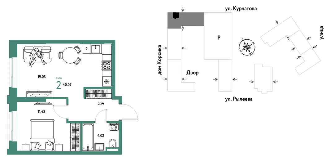Планировка 2-комн. квартира, 40.07 м² ЖК «Остров-сад»