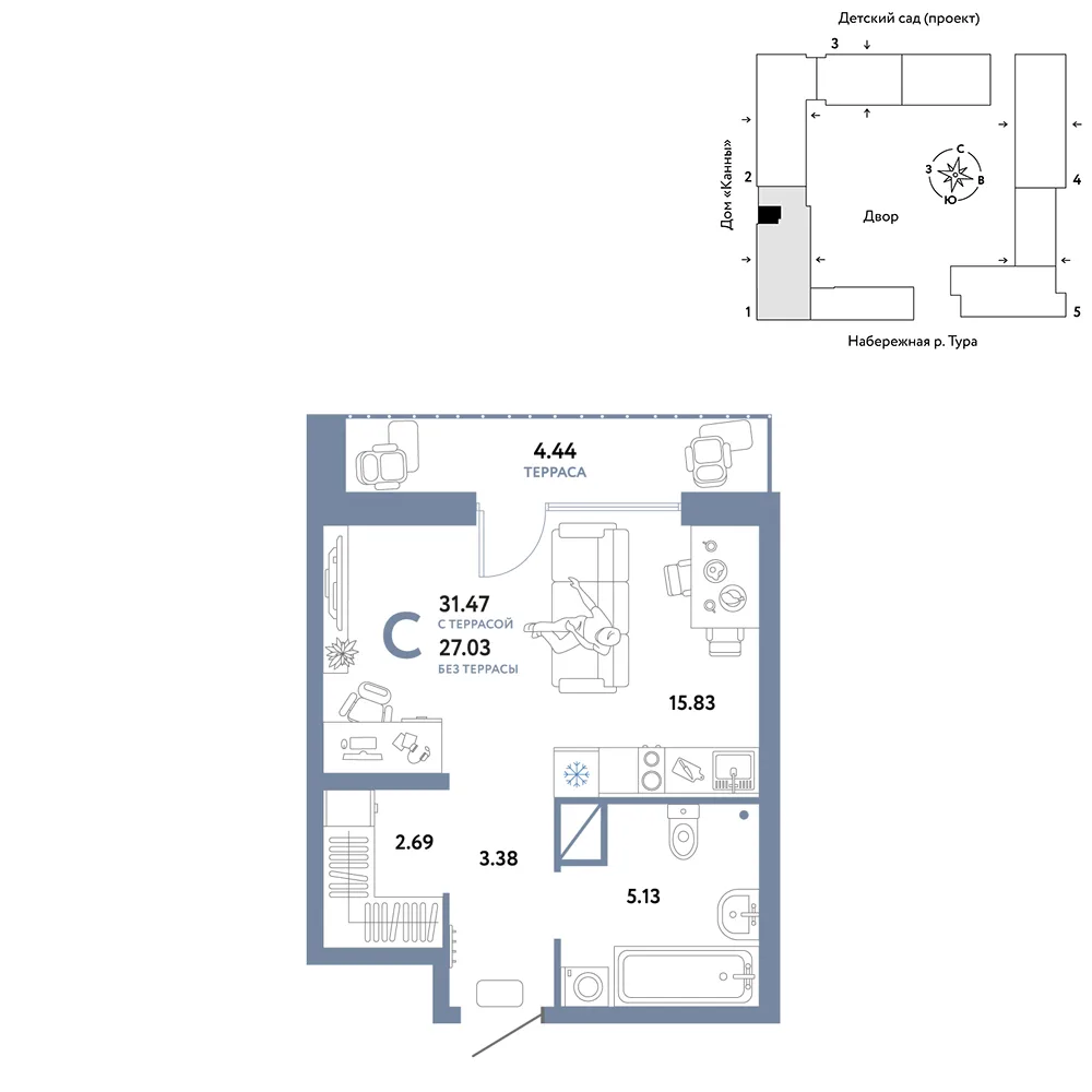 Планировка Студия, 31.47 м² ЖК «Европейский берег 2.0»