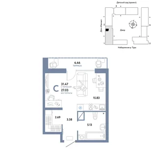 Планировка Студия, 31.47 м² ЖК «Европейский берег 2.0»