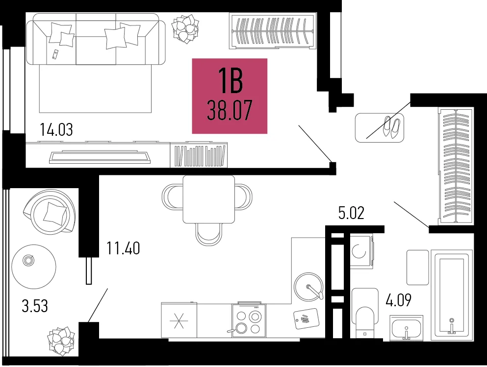 Планировка 1-комн. квартира, 38.07 м² ЖК «Столицыно»