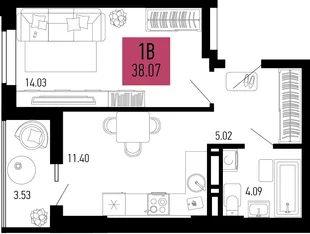 Планировка 1-комн. квартира, 38.07 м² ЖК «Столицыно»