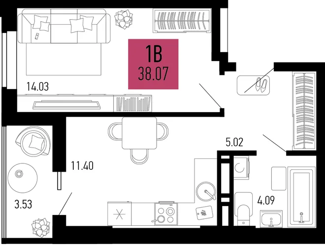 Планировка 1-комн. квартира, 38.07 м² ЖК «Столицыно» Планировка 1-комн. квартира, 38.07 м² ЖК «Столицыно»