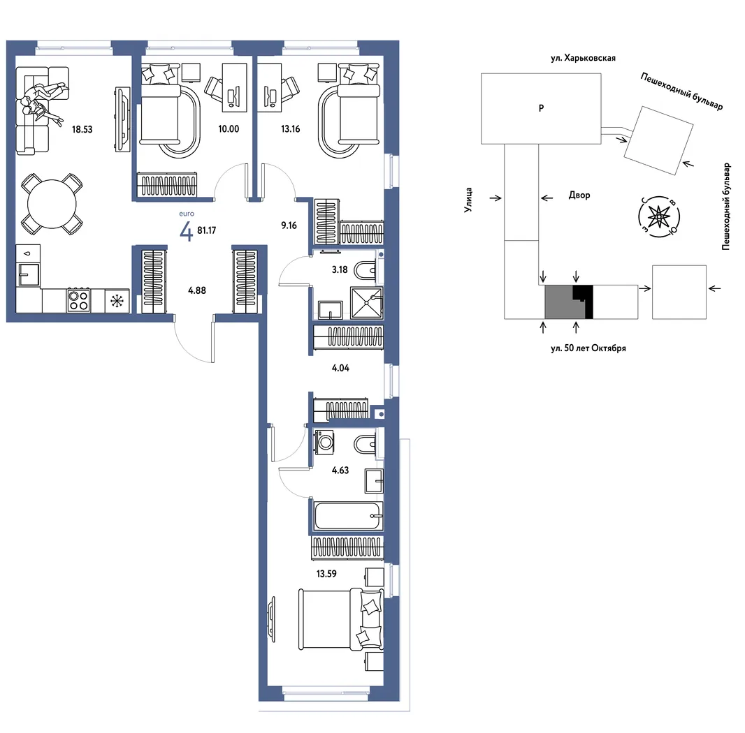 Планировка 4-комн. квартира, 81.17 м² ЖК «Сердце Сибири»