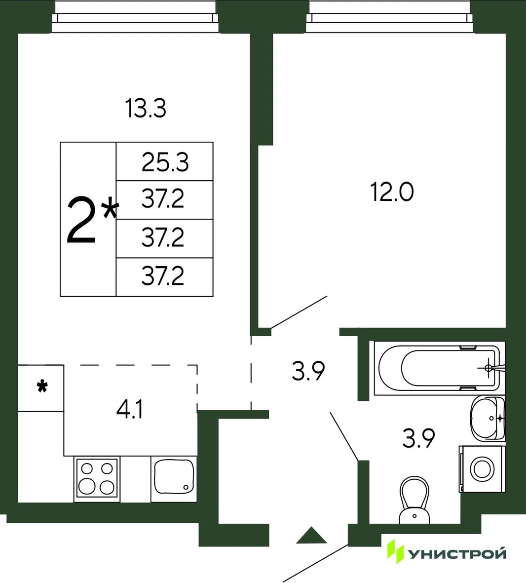 Планировка 2-комн. квартира, 37.2 м² ЖК «Парковый квартал 2.0»