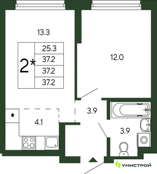 Планировка 2-комн. квартира, 37.2 м² ЖК «Парковый квартал 2.0»