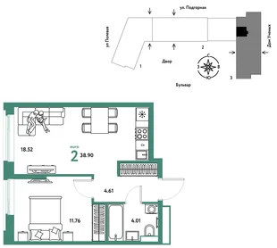 Планировка 2-комн. квартира, 38.99 м² ЖК «Авторский»