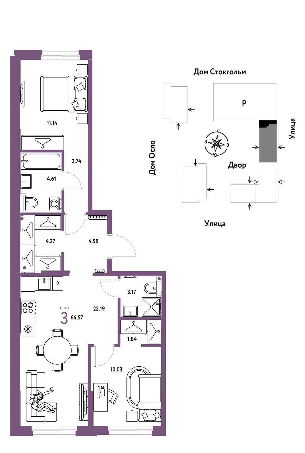 Планировка 3-комн. квартира, 64.57 м² ЖК «Европейский берег 2.0»