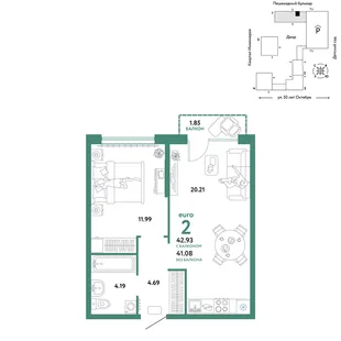 Планировка 2-комн. квартира, 42.93 м² ЖК «Сердце Сибири»
