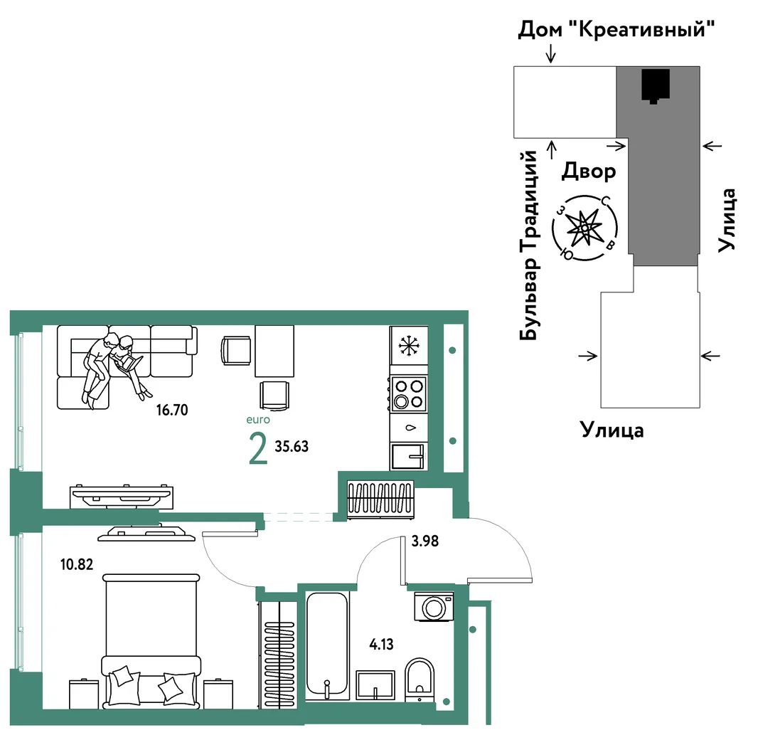 Планировка 2-комн. квартира, 35.63 м² ЖК «Микрорайон Домашний»