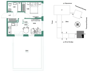 Планировка 2-комн. квартира, 66.84 м² ЖК «Сердце Сибири»