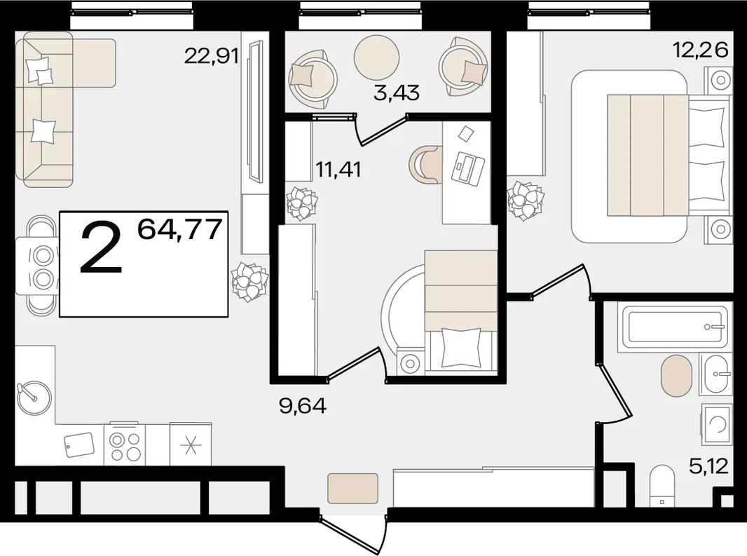 Планировка 2-комн. квартира, 64.77 м² ЖК «Патрики»
