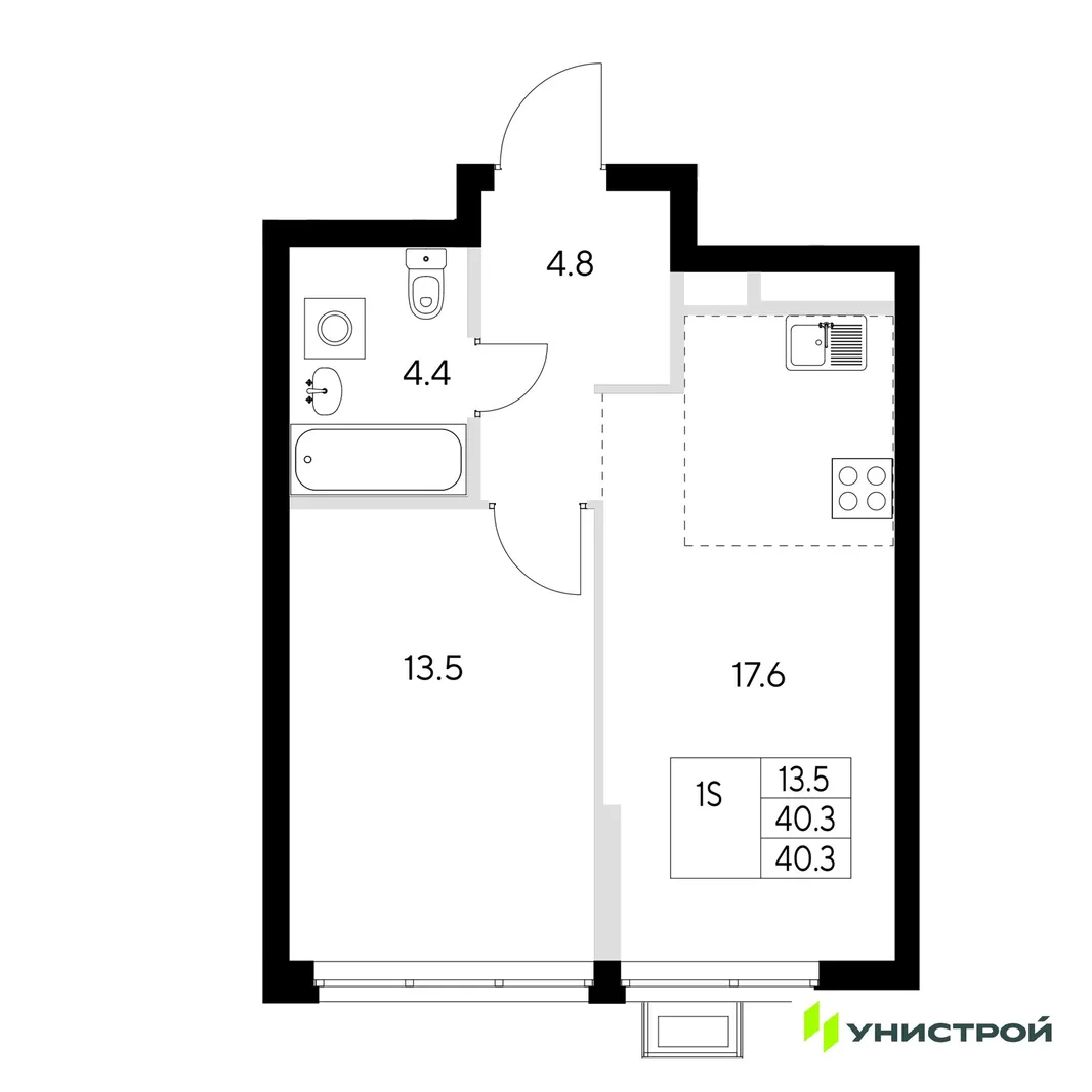 Планировка 1-комн. квартира, 40.3 м² ЖК «Стадиум»
