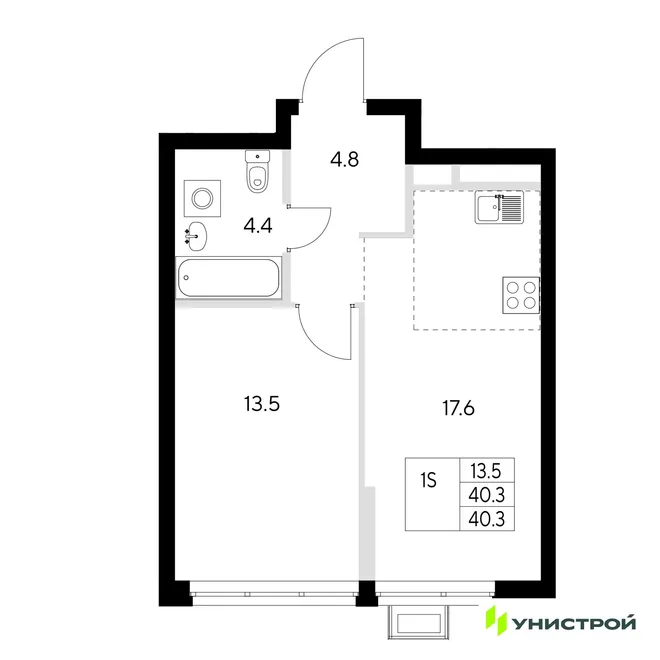 Планировка 1-комн. квартира, 40.3 м² ЖК «Стадиум» Планировка 1-комн. квартира, 40.3 м² ЖК «Стадиум»