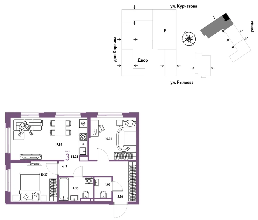 Планировка 3-комн. квартира, 56 м² ЖК «Остров-сад»