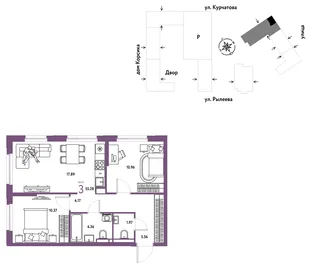 Планировка 3-комн. квартира, 56 м² ЖК «Остров-сад»