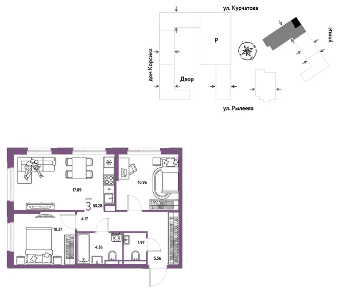 Планировка 3-комн. квартира, 56 м² ЖК «Остров-сад» Планировка 3-комн. квартира, 56 м² ЖК «Остров-сад»