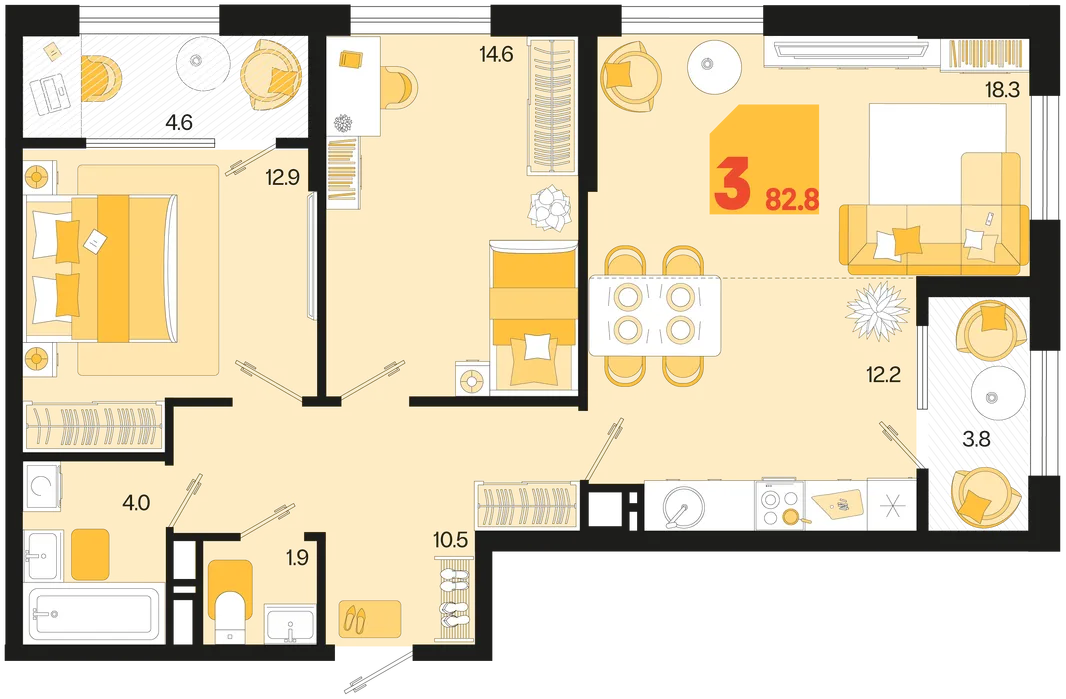 Планировка 3-комн. квартира, 82.8 м² ЖК «Первое место»