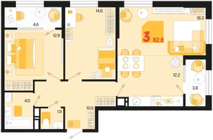 Планировка 3-комн. квартира, 82.8 м² ЖК «Первое место»