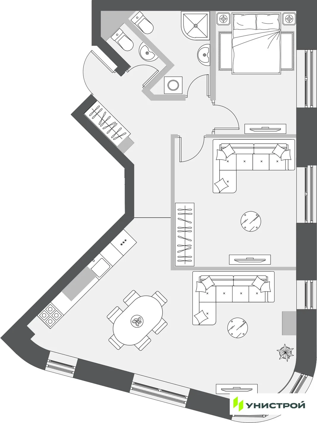 Планировка 2-комн. квартира, 70.23 м² ЖК «Уникум на Проспекте Победы»