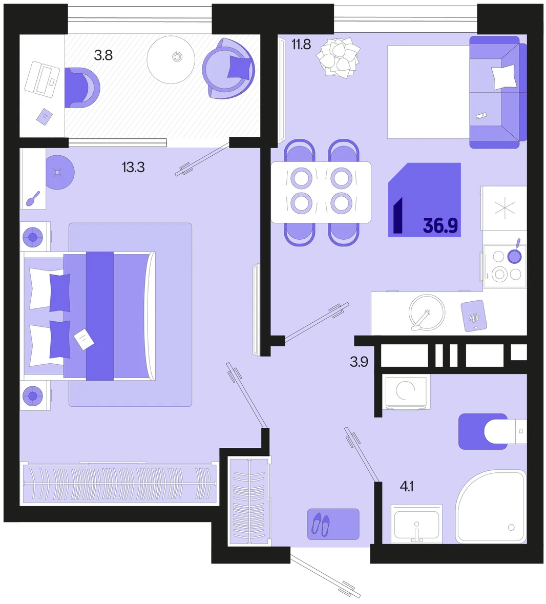 Планировка 1-комн. квартира, 36.9 м² ЖК «Первое место»