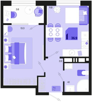 Планировка 1-комн. квартира, 36.9 м² ЖК «Первое место»