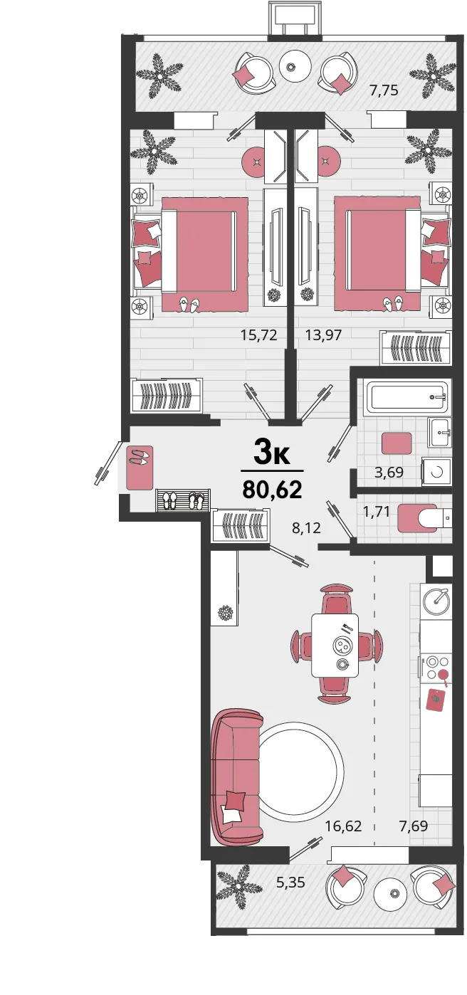 Планировка 3-комн. квартира, 80.62 м² ЖК «Родные просторы»