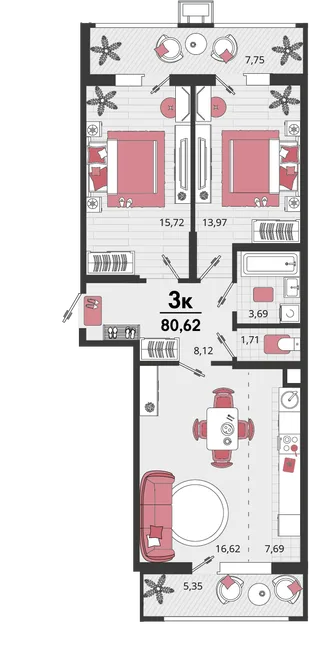 Планировка 3-комн. квартира, 80.62 м² ЖК «Родные просторы»