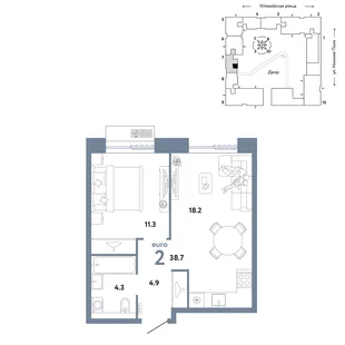 Планировка 2-комн. квартира, 38.7 м² ЖК «Страна.Заречная»