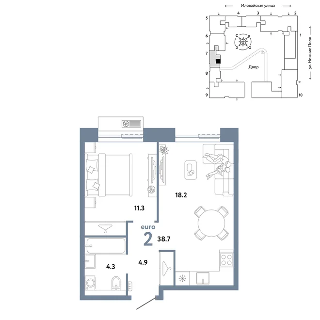 Планировка 2-комн. квартира, 38.7 м² ЖК «Страна.Заречная» Планировка 2-комн. квартира, 38.7 м² ЖК «Страна.Заречная»