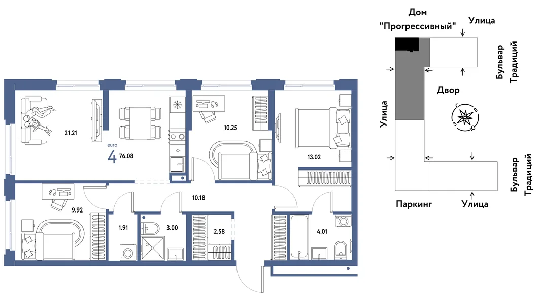 Планировка 4-комн. квартира, 76.08 м² ЖК «Микрорайон Домашний»