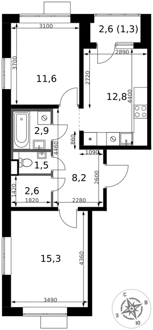 Планировка 2-комн. квартира, 56.2 м² ЖК «1-й Химкинский»